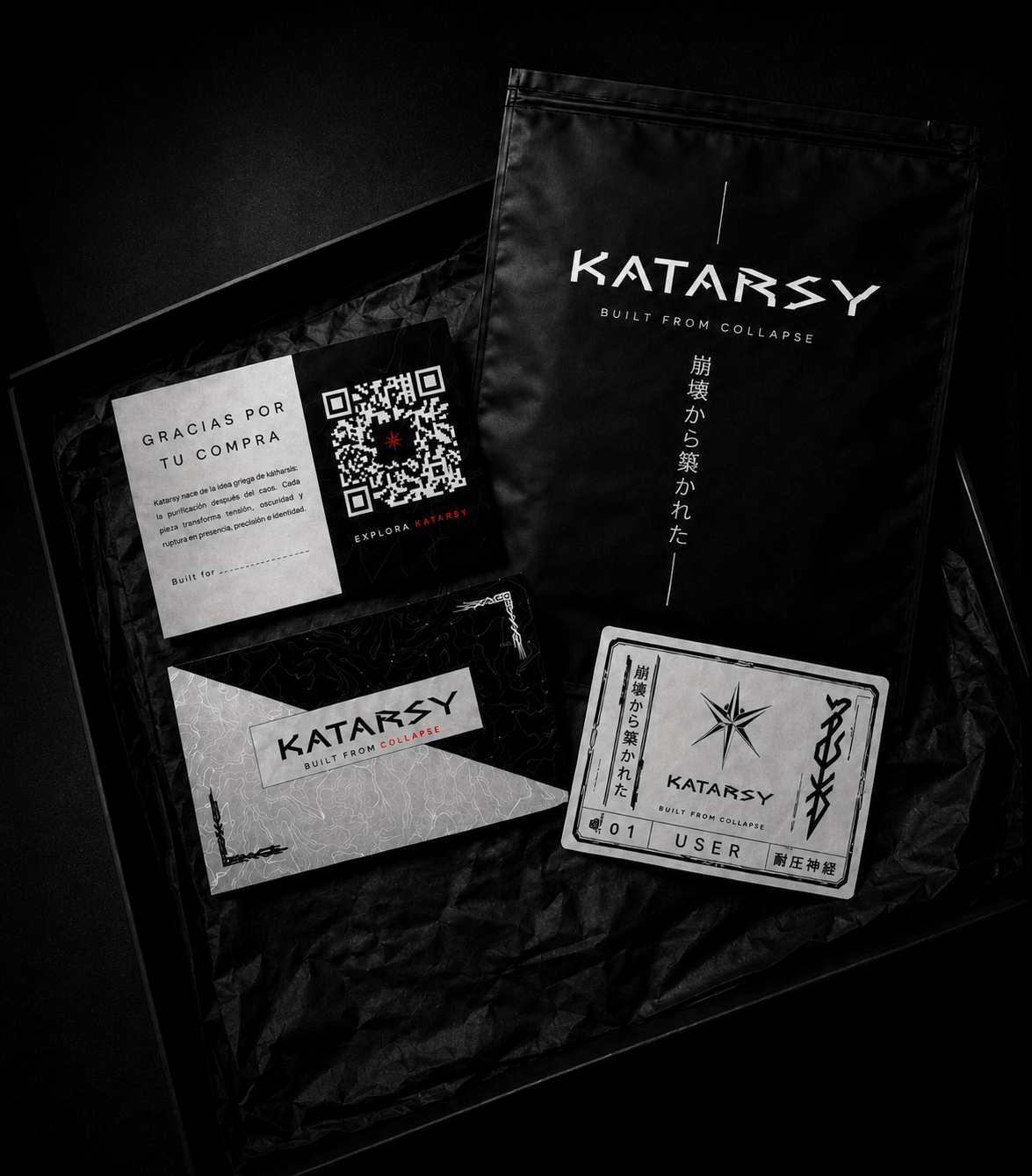 Empaque negro de Katarsy con tarjeta, código QR y tarjeta de identidad